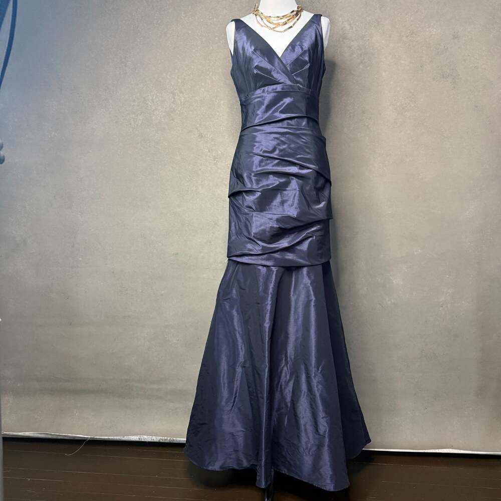 Amsale Navy Blue Taffeta Evening Gown Formal Black Tie Dress Size 6 US